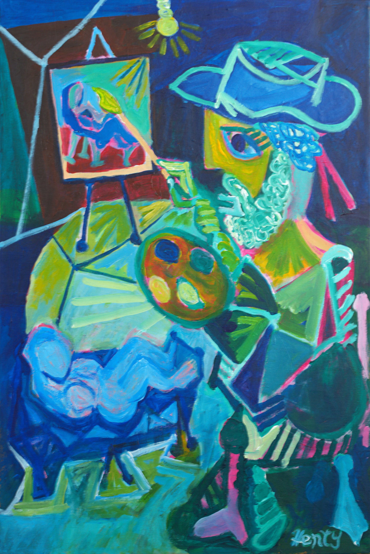 Artist With Blue Nude, 24"x36", Acrylic on Canvas, 2025