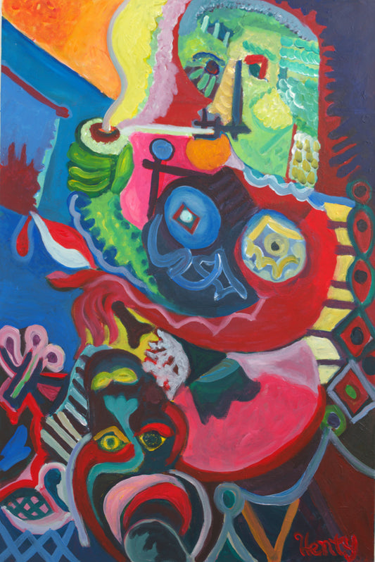 Woman with Bull's Head, 24"x36", Acrylic on Canvas, 2025